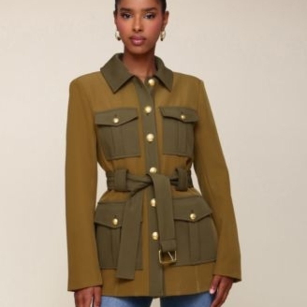 AVEC LES FILLES Olive Green Belted Military-Style Women's Jacket Large